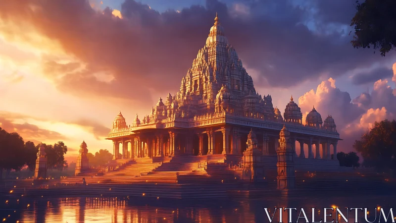 Golden temple rises at sunset over tranquil reflective waters