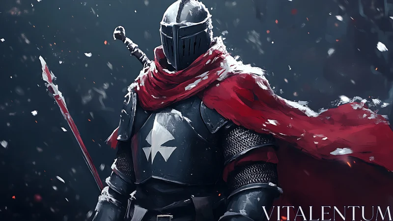Crimson‑cloaked black knight in snow, cinematic battle stance.