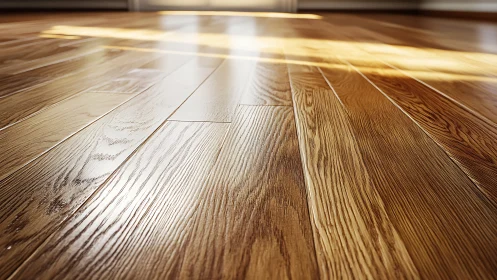 Sunlit hardwood floor glows with warm, polished grain detail