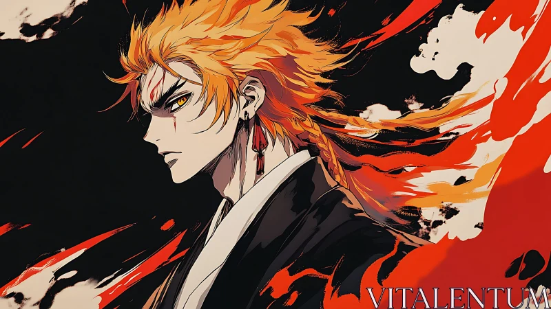 Side profile of anime swordsman amid stylized flame trails