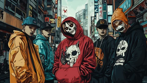 Urban streetwear collective dominates neon city corridor in stylized comic