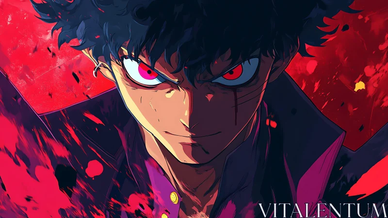 Intense anime close-up with red chromatic contrast and dynamic lighting