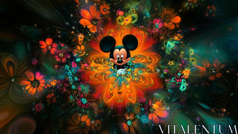 Cartoon mouse emerges from vivid fractal flower burst.