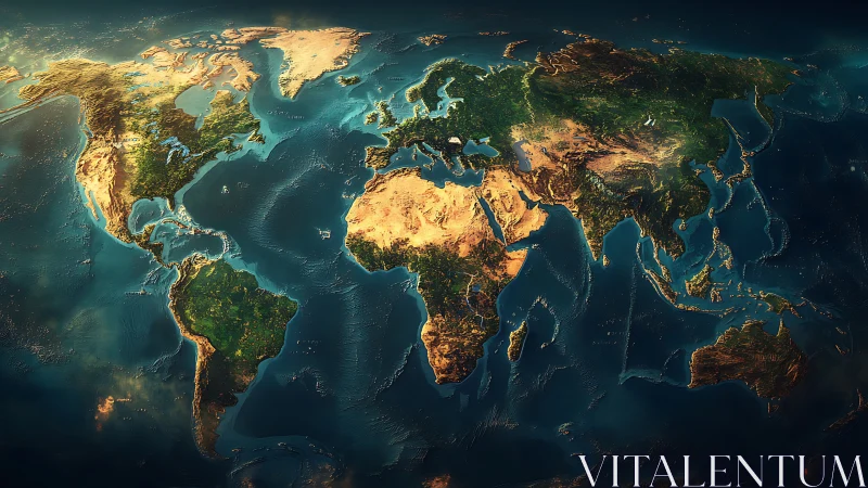 Sunlit world map glows with detailed continents and oceans