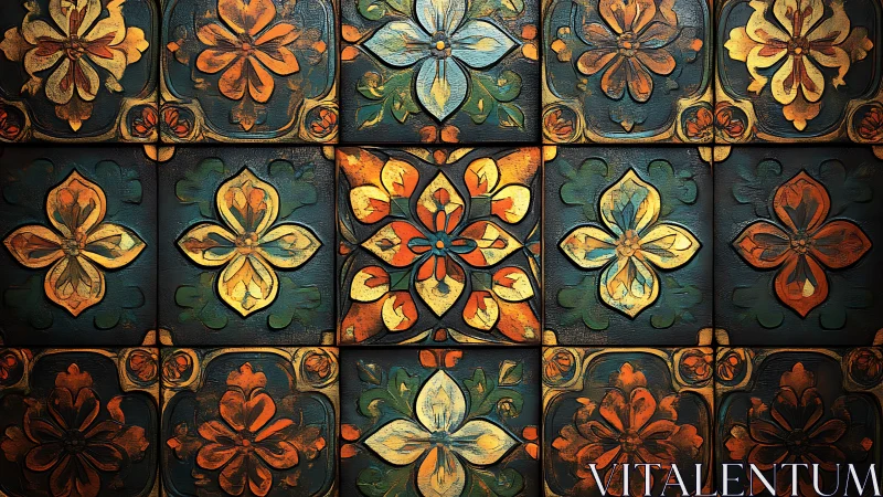 Ornate floral relief tiles in teal, amber and patinated gold
