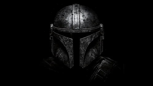 Weathered beskar combat helmet in high-contrast darkness.