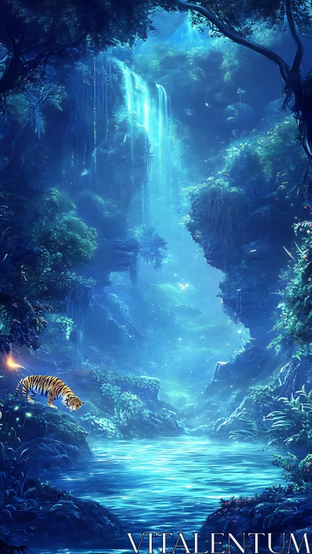 Moonlit jungle river hums while a curious tiger drinks