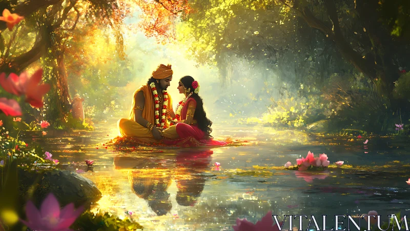 Two Hearts Ignite Where Golden Light Meets River's Heart.