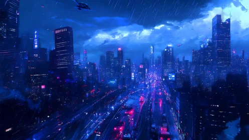 Neon soaked futuristic city skyline in heavy night rain.