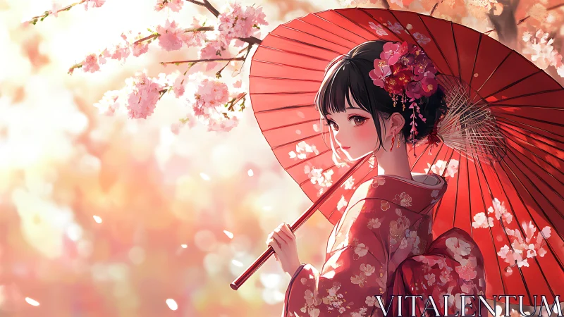Anime girl in red kimono with parasol under cherry blossoms.