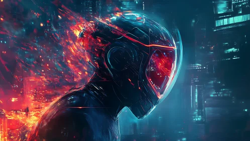 Cybernetic figure dissolving into red digital flames.