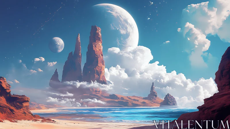 Dreamy alien shoreline welcomes towering red rock spires
