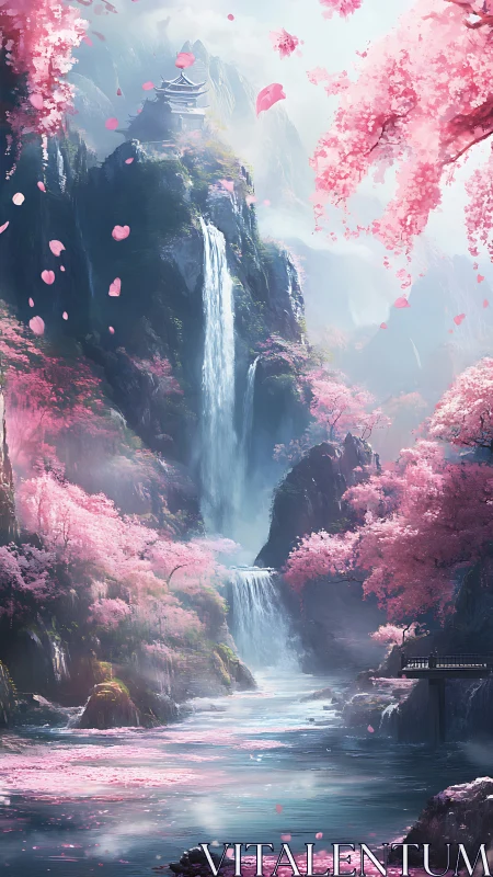 Vertical cascade landscape uniting sakura valley and misted shrine