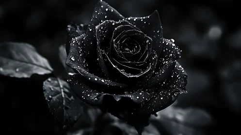 Black rose macro photograph shows water droplets on petals