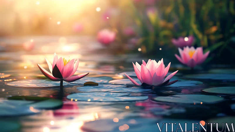 Pink Lotus Blooms Floating in Golden Water.