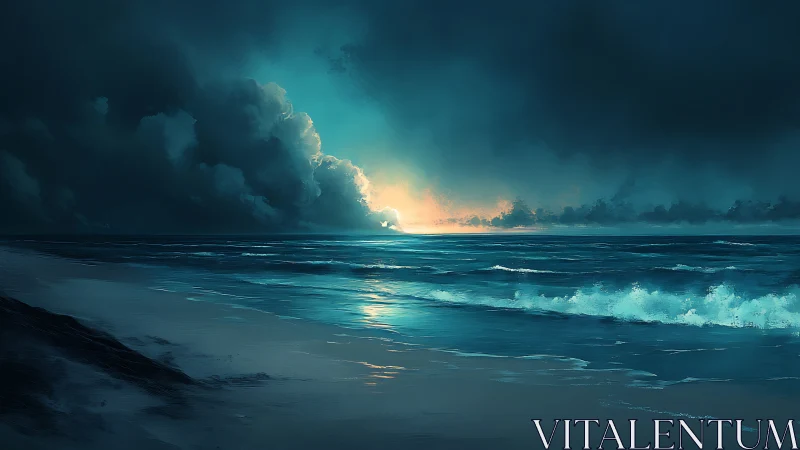 Moody ocean shoreline glows softly beneath a distant dawn