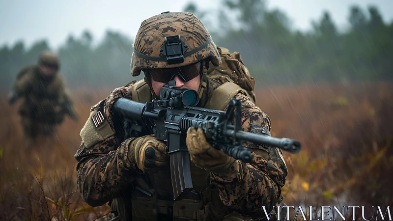 Rain-soaked marine advances through stormy training field.