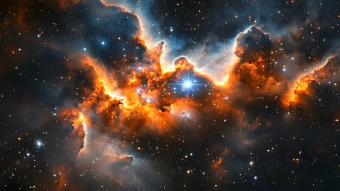 Stellar nursery glows in vivid orange clouds and bright starlight.