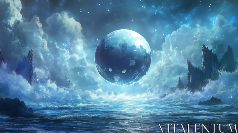 Celestial orb hovers above turbulent alien ocean in azure light