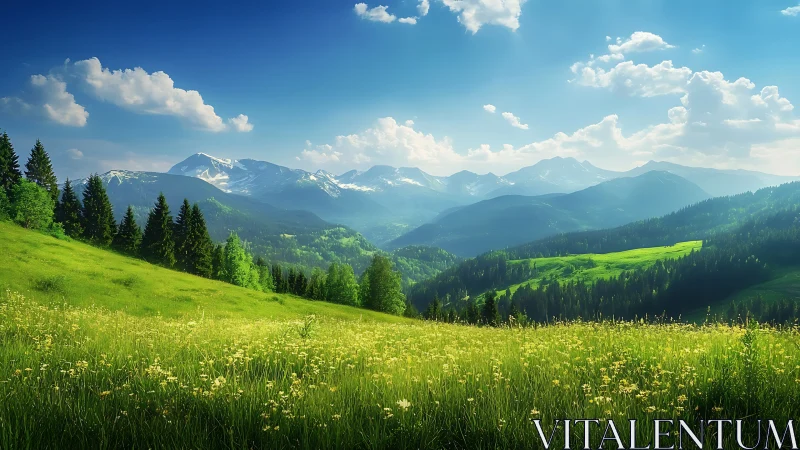 Mountain valley with meadow, forested slopes, and clouds.