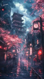 Rain-lacquered neon alley under pagoda and cherry canopy.