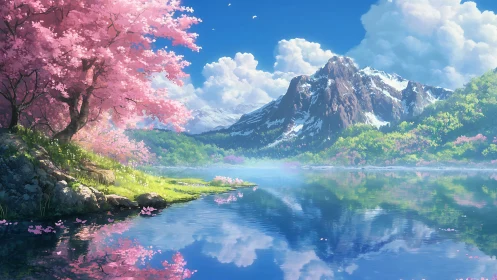 Digital painting landscape with sakura trees and alpine lake.