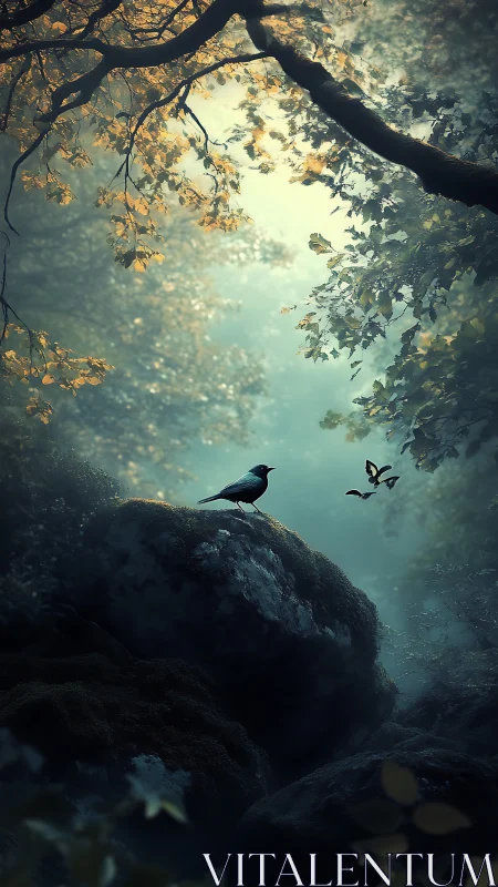 Songbird rests on mossy stones beneath glowing forest canopy.