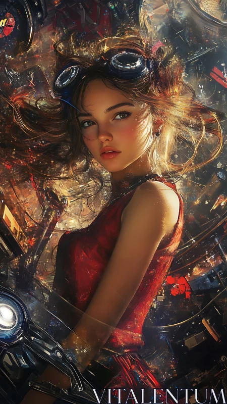Steampunk engineer girl in red dress amid glowing machinery