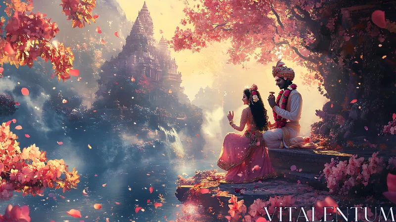 Blossom-laden river hushes as lovers greet a temple dawn