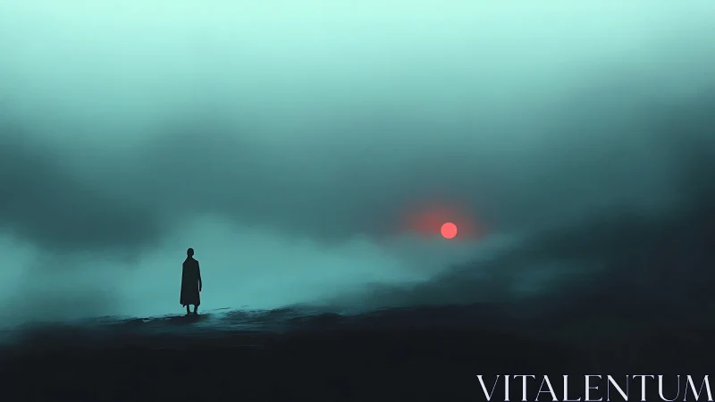 Solitary wanderer pauses in soft fog beneath a distant sun