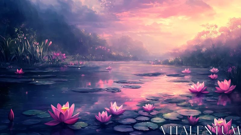 Sunset-illuminated lotus pond with soft-focus atmospheric depth cues