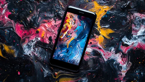 Color-splashed smartphone drifting through digital paintstorm.