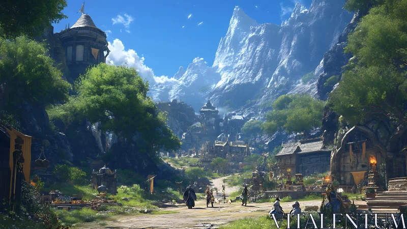 Epic fantasy mountain cityscape rendered in luminous digital detail