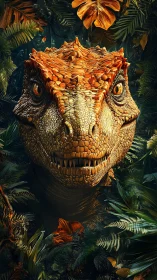 Hyperreal tyrannosaur portrait in dense bioluminescent jungle