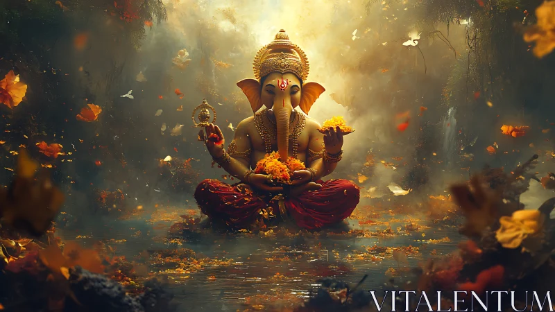 Golden Ganesha idol in misty forest with floating petals.