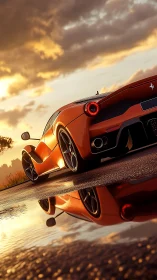 Supercar slices through golden sunset on wet open road.