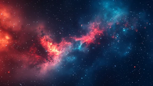 Red blue nebula arc across star-dense deep space field.