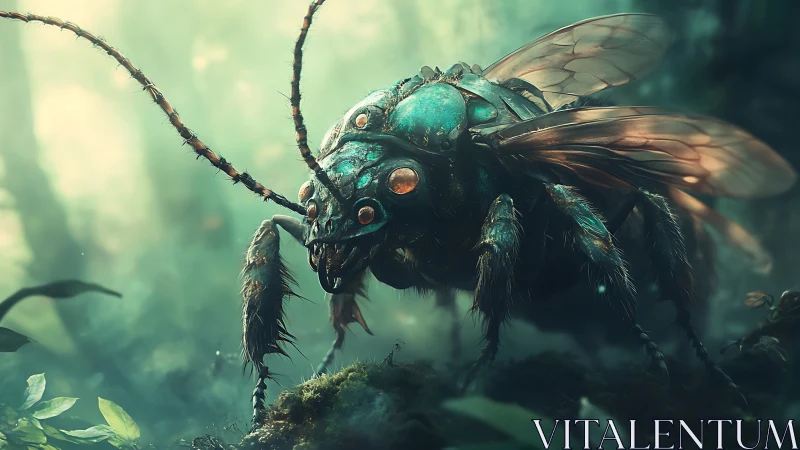 Gigantic insect-like creature in misty forest environment.