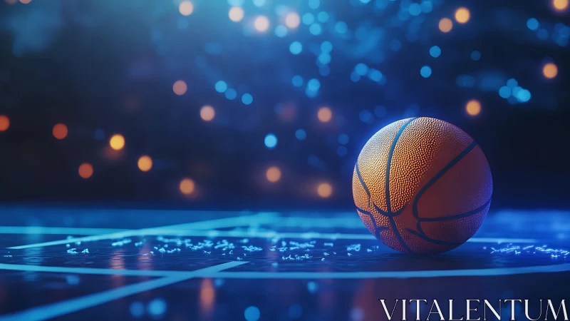 Basketball on wet court under cinematic blue bokeh lighting