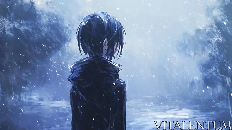 Solitary figure in snowfall beside a misty winter lake.