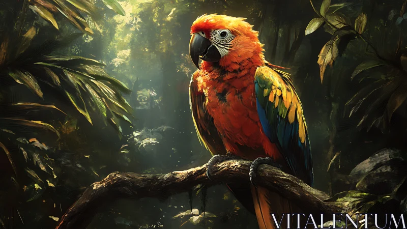 Scarlet macaw on branch in dense tropical forest habitat.