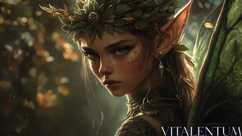 Forest-winged fae guardian bathed in golden woodland light.