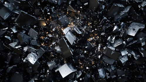 Shattered Glass Explosion with Dark Metallic Fragments in Motion.