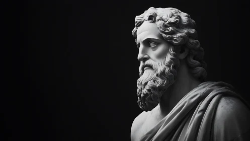 Classical marble bust of bearded man on dark background.