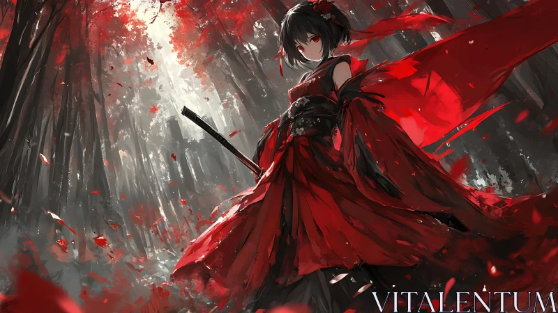 Scarlet Forest Duelist in a Storm of Falling Ember Petals.