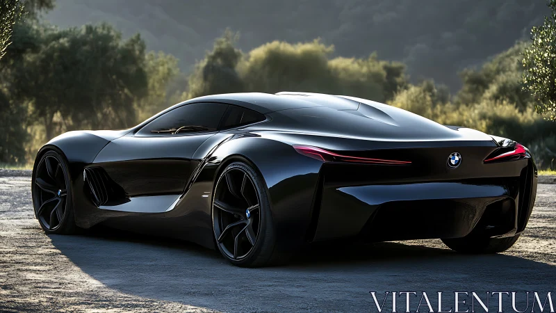 Sleek black BMW concept car glides through a sunlit valley