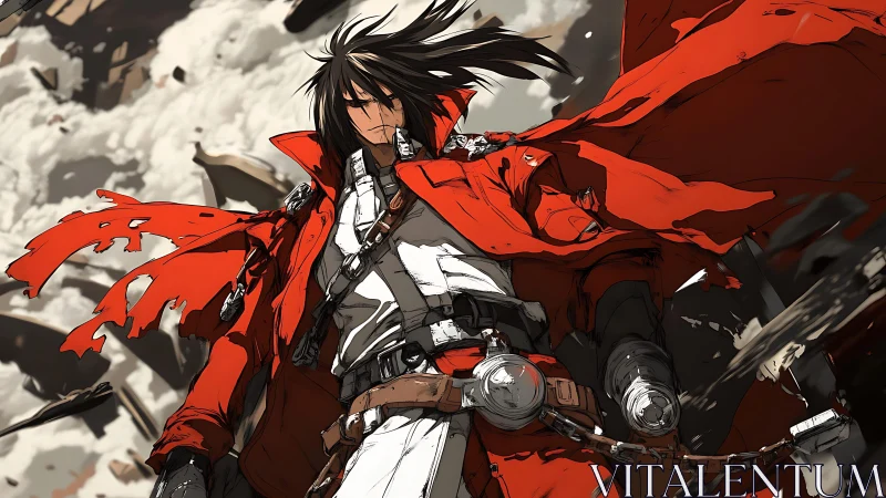 Warrior in red coat strides through swirling battle ruins