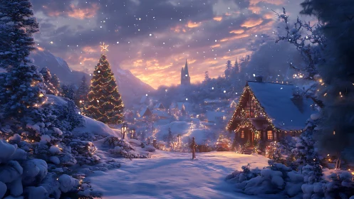 Snow-covered alpine village with illuminated Christmas tree at dusk