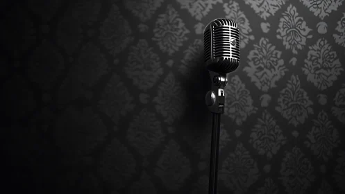 Vintage cardioid microphone on stand against damask wall