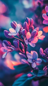 Pink lilac flowers bloom under ethereal neon lighting.